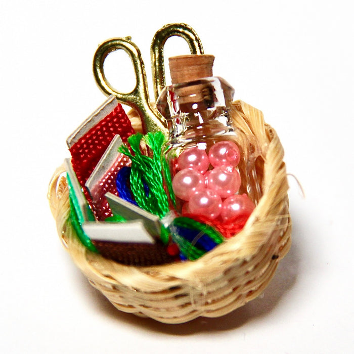 Sewing supplies and scissors in a basket