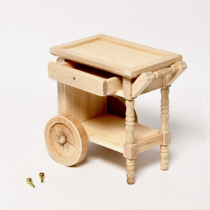 Serving trolley on wheels, made of wood