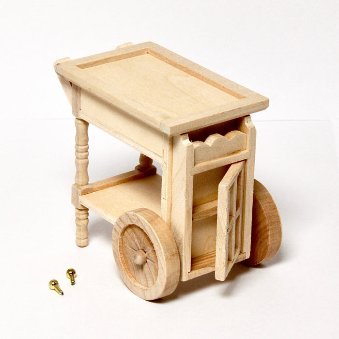 Serving trolley on wheels, made of wood