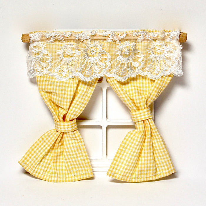 Curtains, yellow and white and rod, 12 x 12.5 cm