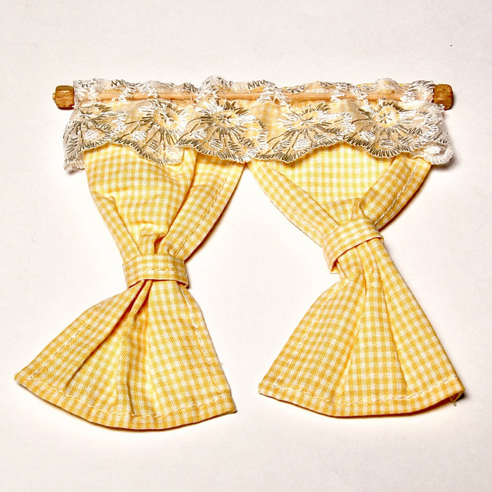 Curtains, yellow and white and rod, 12 x 12.5 cm