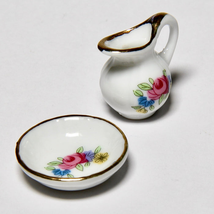 Washbasin and jug, flower pattern, porcelain