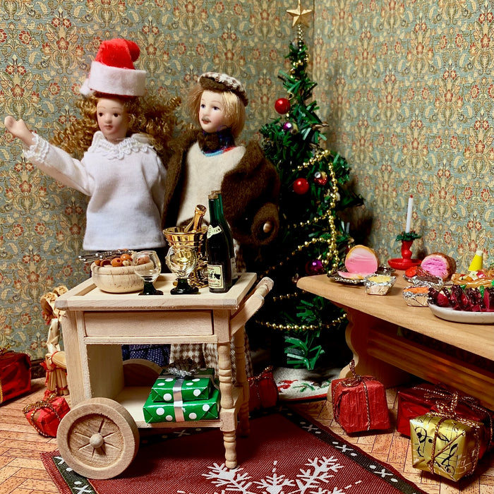 Serving trolley on wheels, made of wood