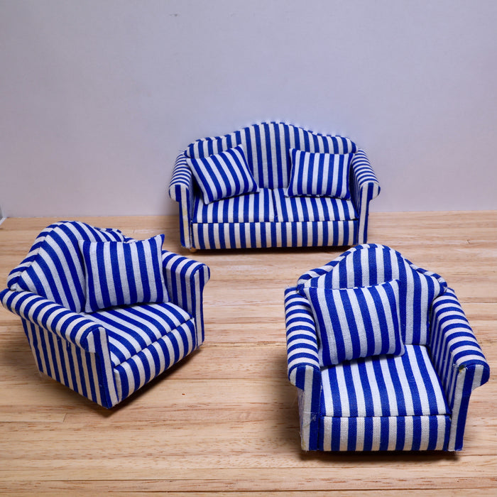 Sofa set, blue and white striped, 3 pieces