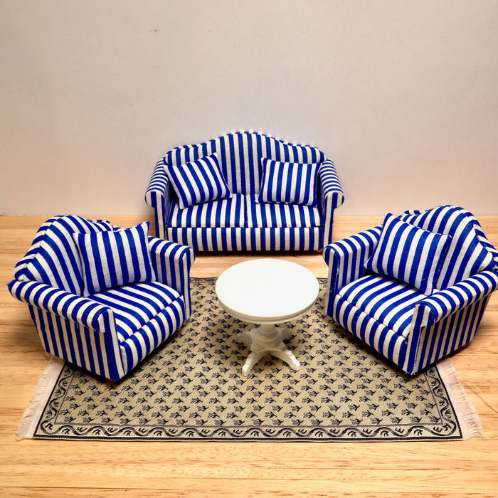 Sofa set, blue and white striped, 3 pieces