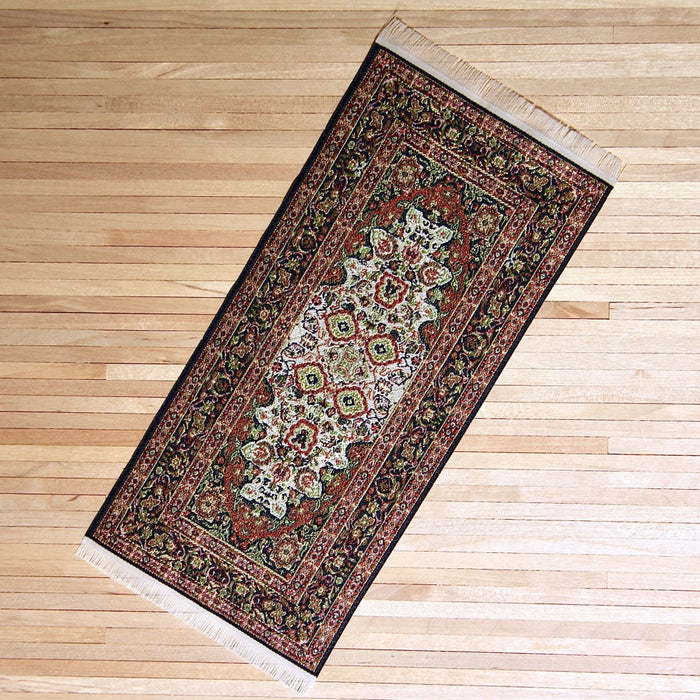 Turkish rug, brown-green-black, 10 x 23 cm