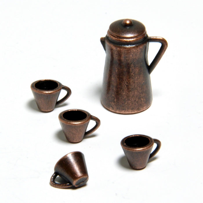 Coffee pot and 4 cups, patinated copper