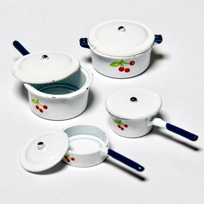 Pot, white, cherry pattern, 4 pcs