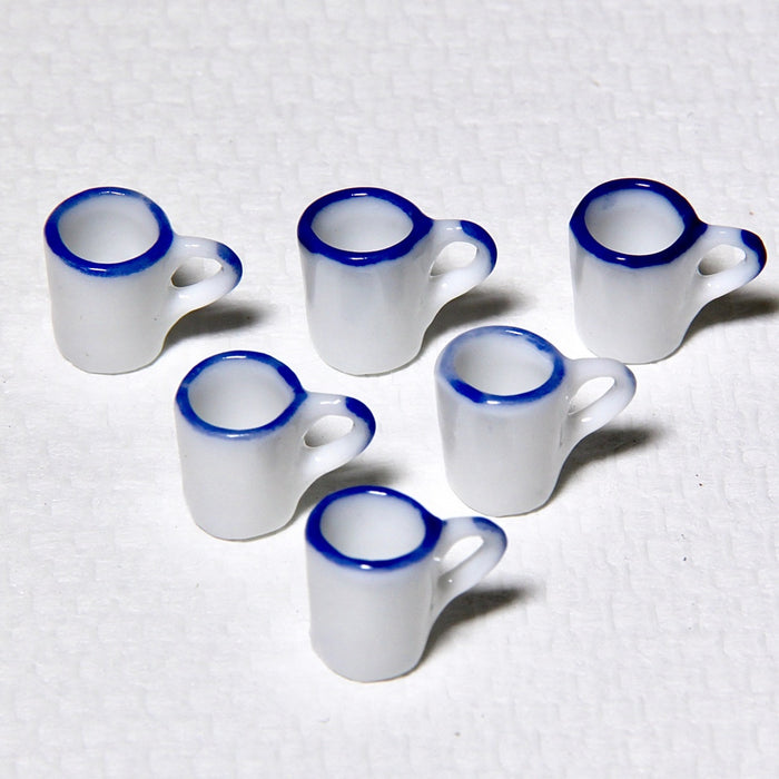 Mug, white porcelain, blue border, 6 pcs