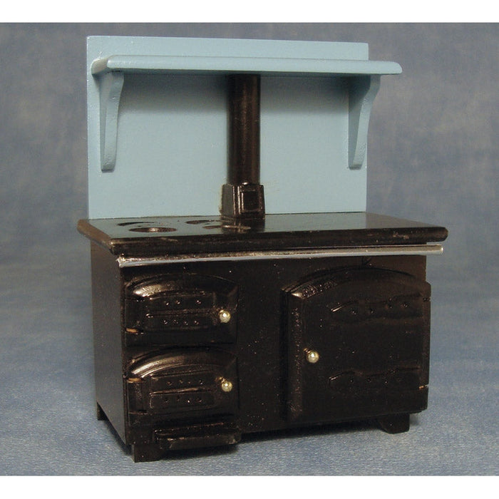 Wood stove, blue background and shelf