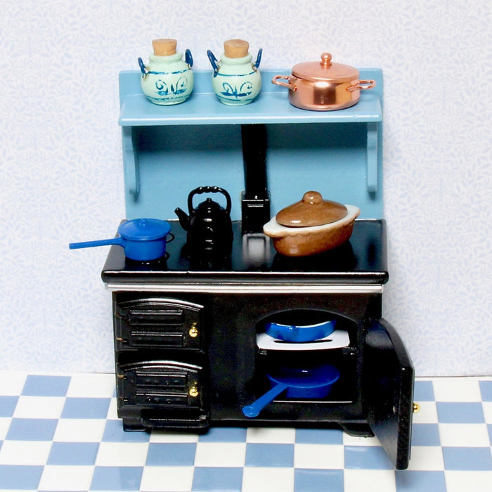 Wood stove, blue background and shelf