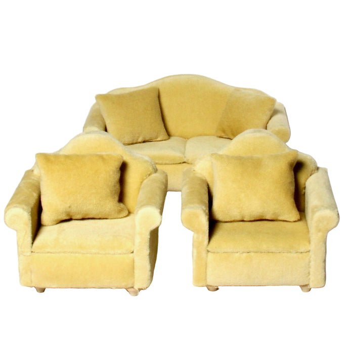 Pieni sohva ja kaksi nojatuolia nukkekotiin.