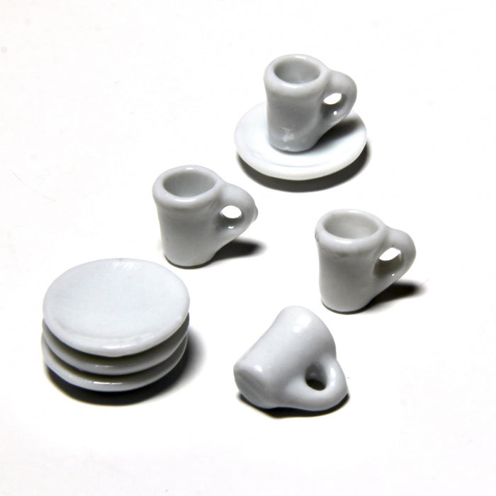 Mugs and plates, white, porcelain, 8 parts