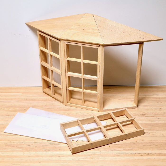 Bay window, 3-part with panes, finished in wood