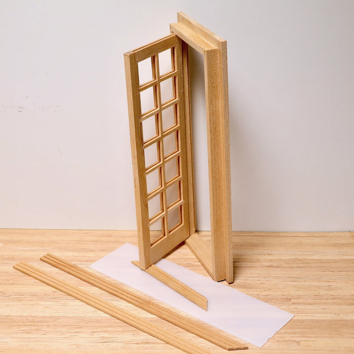 Dollhouse door, with pane windows, finished in wood