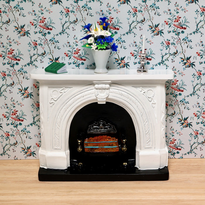 Fireplace with decorative carvings