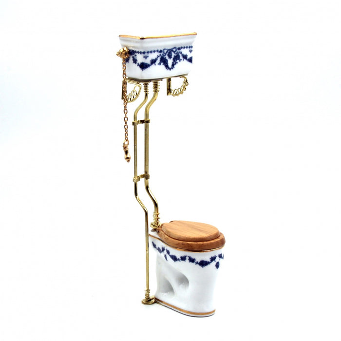 Old-time toilet bowl, tall, blue bow