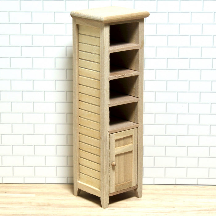 Shelf, narrow with side panels, finished in wood