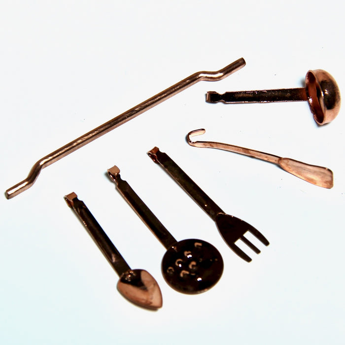 Kitchen utensils and wall rack, copper, 6 parts