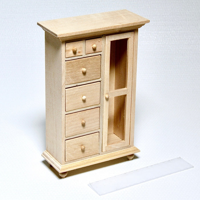 Cabinet, large, with drawers and glass door, finished in wood