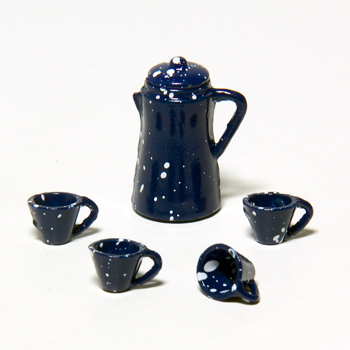 Coffee pot and 4 mugs, blue spotted enamel