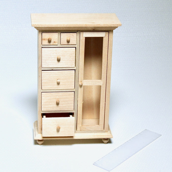 Cabinet, large, with drawers and glass door, finished in wood