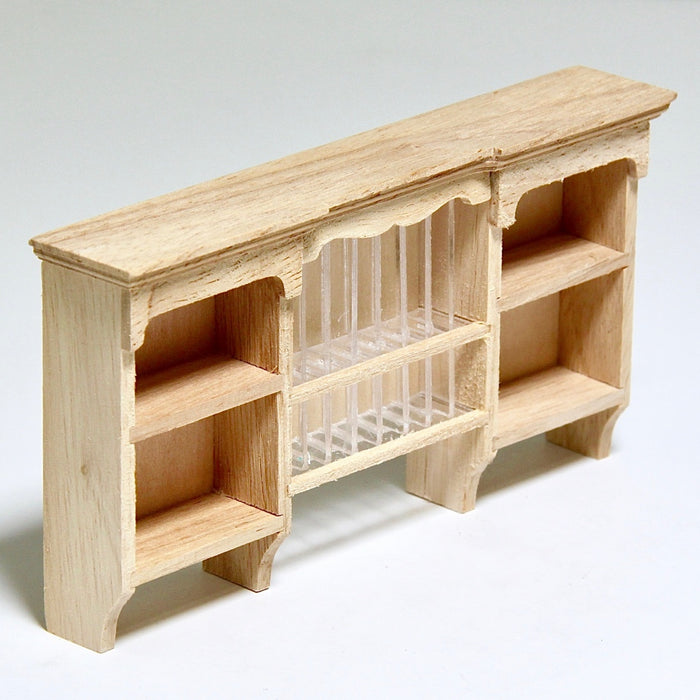 Utensil shelf with plate slots, finished in wood