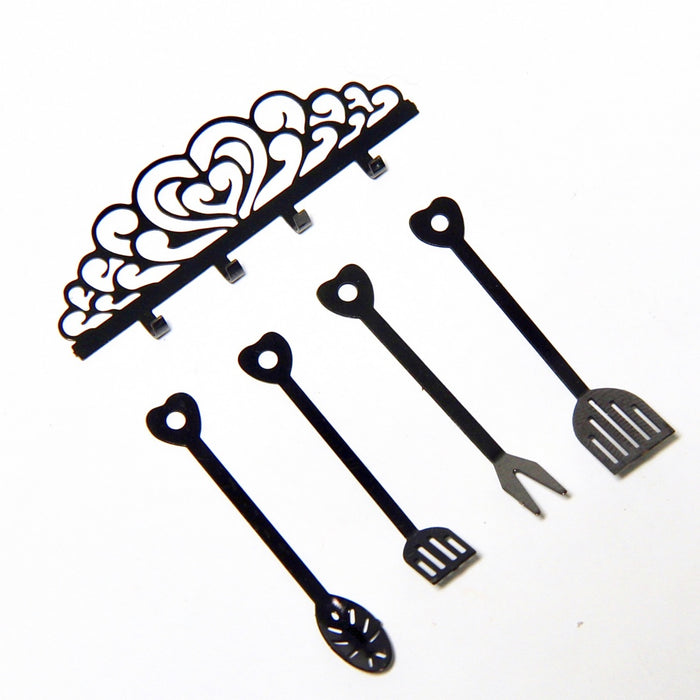 Kitchen utensils, 4 pieces + hanging rack, steel