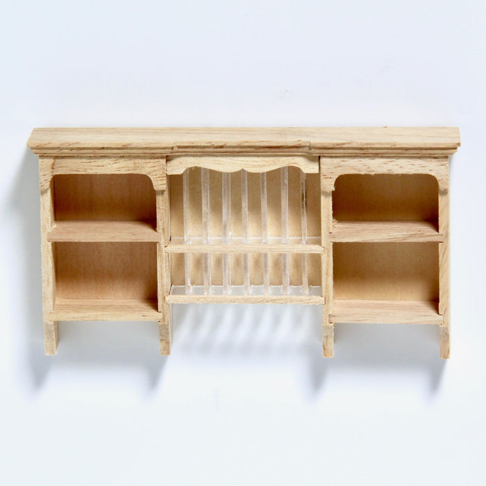 Utensil shelf with plate slots, finished in wood