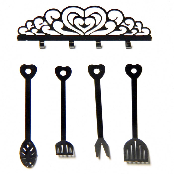 Kitchen utensils, 4 pieces + hanging rack, steel