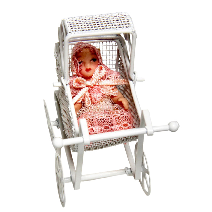 Dockvagn, barnvagn, vit järntråd