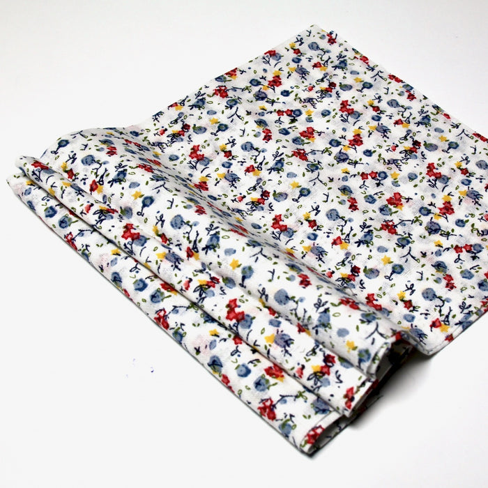 Fabric, red-blue-yellow floral pattern