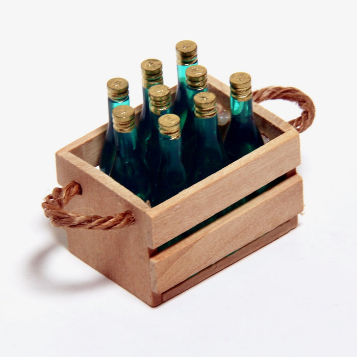 A wooden box of drinking bottles