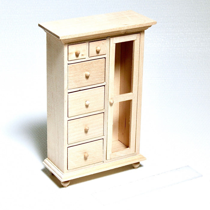 Cabinet, large, with drawers and glass door, finished in wood