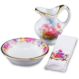 Washbasin, jug and towel, Dresden Rose