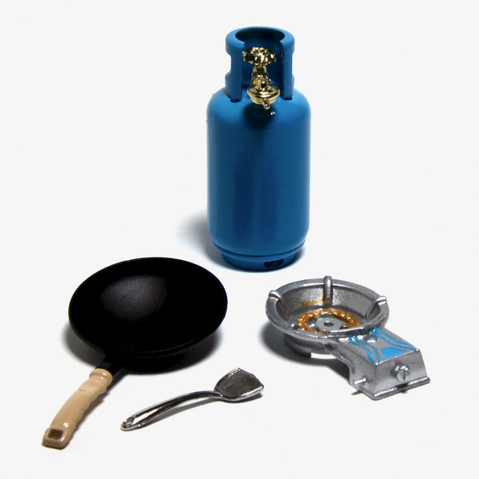 Camping stove, gas bottle and wok, 4 parts