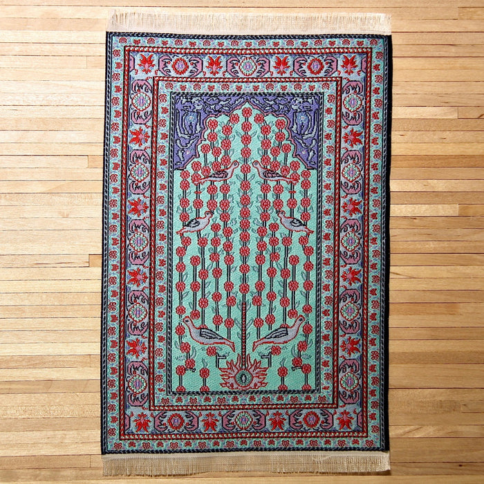 Turkish rug, turquoise and red birds, 15 x 23 cm