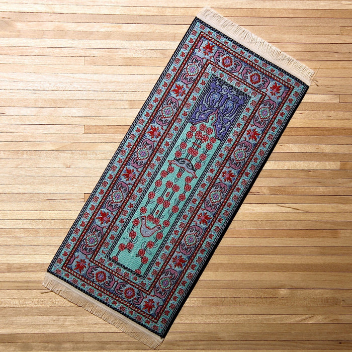 Turkish rug, turquoise and red birds, 10 x 23 cm