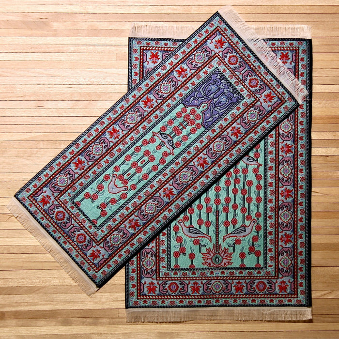 Turkish rug, turquoise and red birds, 10 x 23 cm